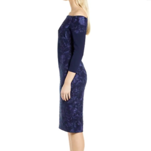 TADASHI SHOJI EMBROIDERED OFF THE SHOULDER 3/4 SLEEVE ROYAL NAVY SHEATH DRESS M - Picture 3 of 7
